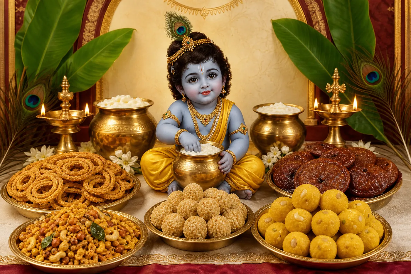 Baby Krishna with traditional South Indian sweets and savories on brass plates for Krishna Jayanthi